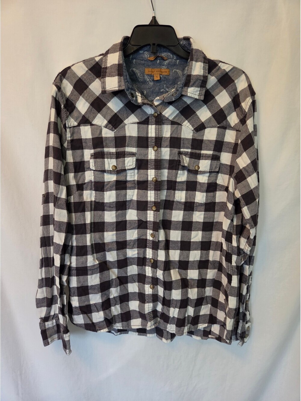 Jachs Girlfriend Comfort Stretch Black and White Plaid Button-Up Shirt, Size L